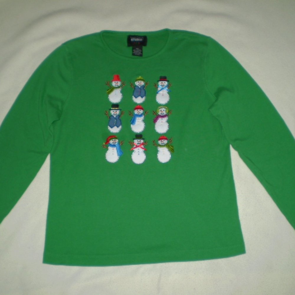 SIZE: PM~GREEN/SNOWMEN HOLIDAY KNIT TOP~NWOT'S